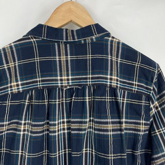 Loft Softened Top Size Large Women Navy Brown Plaid Long Sleeve Popover Shirt - Picture 5 of 7